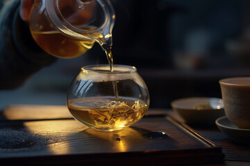 Elegant Evening Tea Pouring into Glass Cup
