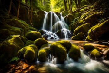 A hidden waterfall cascading into a clear river, surrounded by moss-covered rocks and a dense...