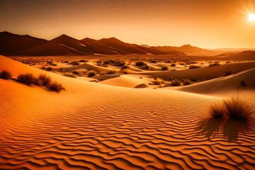 A desert landscape at sunset, where the sky is ablaze with warm tones and the sand dunes take on...