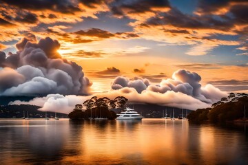 The first light of day casting a golden glow on Koolewong, the clouds creating a mesmerizing dance in the sky, as a boat glides peacefully across Brisbane Water.