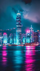A futuristic city skyline illuminated by neon lights