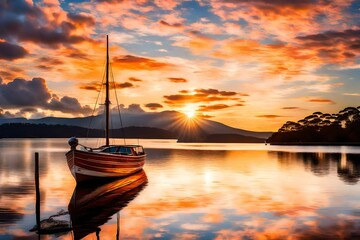 Tascott awakening to a vibrant sunrise, clouds parting to reveal a burst of colors, and a boat sailing along Brisbane Water, its reflection perfectly captured in the stillness. - obrazy, fototapety, plakaty