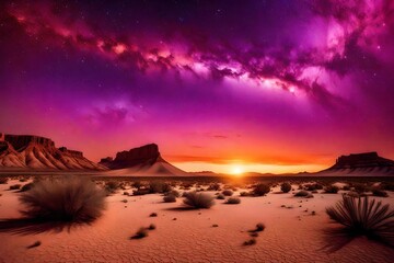A surreal desert landscape painted with warm tones of orange, pink, and purple under a surreal,...