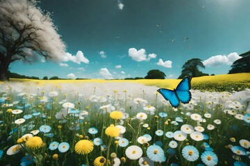 Ethereal pastel hues enveloping a landscape where a Morpho butterfly flutters amidst a field of...