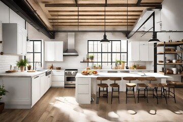 A loft kitchen with white cabinets, exposed wood ceiling, and stainless steel appliances.