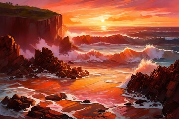Waves crashing against rugged cliffs as the sun sets, painting the sky in warm hues of orange and pink. - obrazy, fototapety, plakaty
