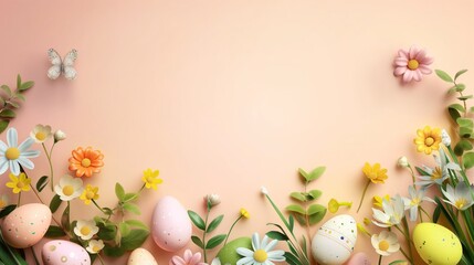 Happy Easter banner with spring flowers background, spring flowers. Greeting card, banner design.