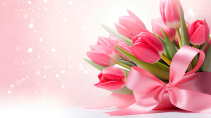 A bouquet of pink tulips with a ribbon in the shape of a bow on a pink shimmering background