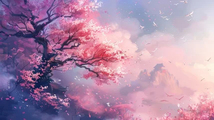 Foto auf Alu-Dibond Fantasy Sakura cherry blossom Japanese landscape background. © ryanbagoez