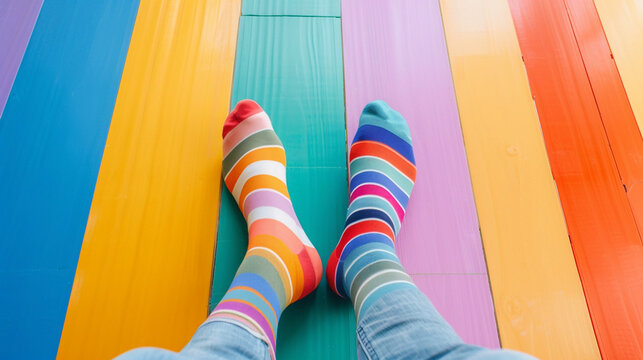 legs in two different colorful socks on a colorful floor