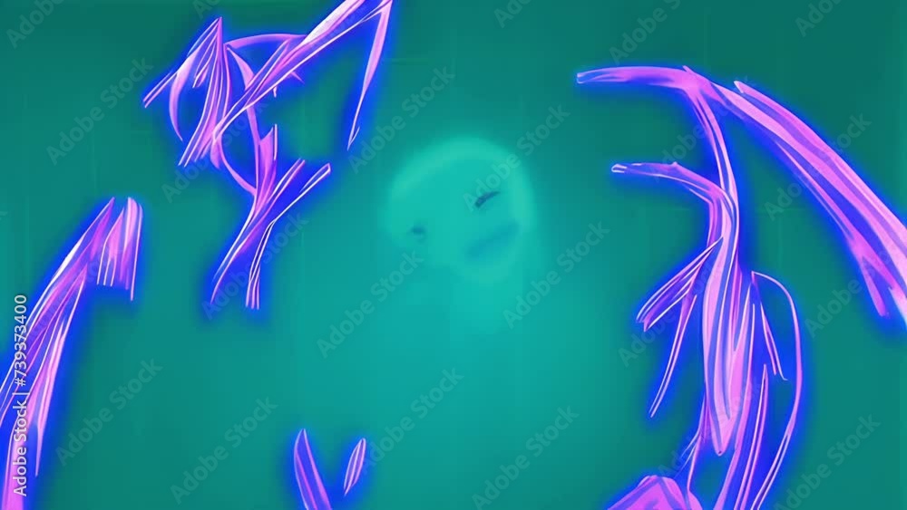 Poster abstraction with an alien figure and neon elements in a science fiction style on a green background,
