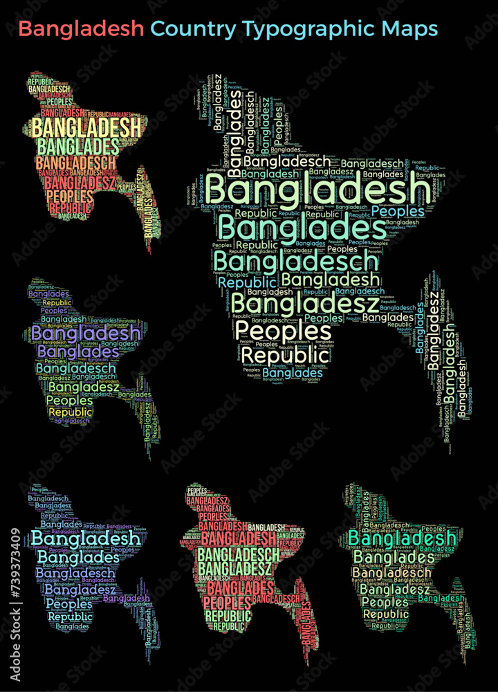 Poster set of typography style country illustrations. bangladesh map shape build of horizontal and vertical