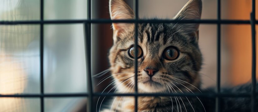 Curious tabby cat in a small cage staring directly at the camera with bright eyes