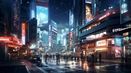 Foto op Canvas A highly detailed and captivating digital background inspired by the vibrant and bustling streets of Tokyo, showcasing the urban energy and realism, akin to an HD image, © fajar