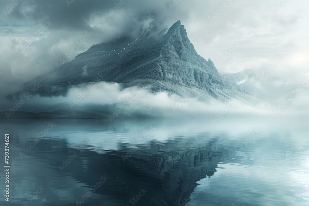 Wall mural Majestic mountain peak enveloped by mist over a mirror-like lake, evoking a sense of mystery and exploration, Concept of nature, adventure, and tranquility
