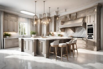 Luxury kitchen with kitchen island and bar stools, cabinets, oven, sink and kitchen supplies. Marble details. Window with curtains. Render.