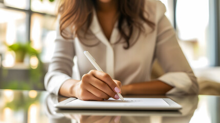 Gros plan sur une femme en train de signer un document numérique sur une tablette.