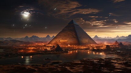 Egyptian pyramids and UFO, futuristic illustration