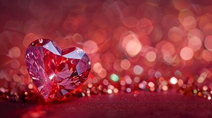 Red heart or love-shaped diamond with happy valentine day concept on red copy space background