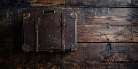 Antique Suitcase on Wooden Floor. Close-up of a weathered vintage suitcase resting on an old wooden floor, evoking nostalgia, copy space.