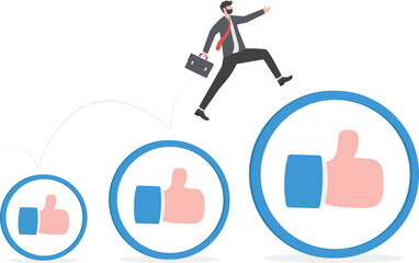 Career growth development, achievement, job improvement or promotion, appreciation or praise for success employee concept, happy businessman holding winner flag jumping up growing thumbs up sign.

