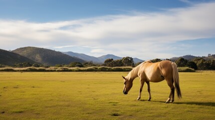 Horse grazing in a lawn. Beautiful outdoor background .