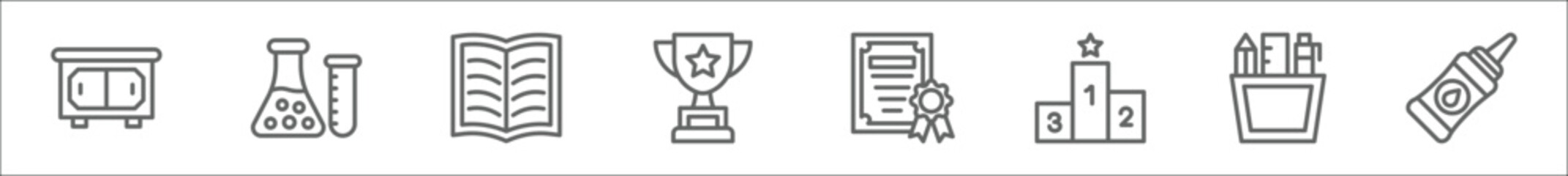 outline set of academy line icons. linear vector icons such as desk, chemistry, book, trophy, diploma, podium, stationery, liquid glue - obrazy, fototapety, plakaty