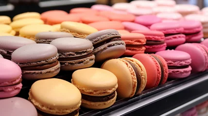 Foto op Plexiglas Array of Colorful Macarons on Display cookies sweet bakery shop. © Alina Nikitaeva