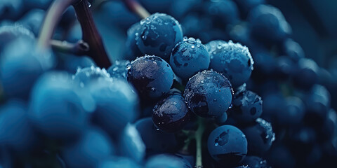 Ripe Grapes Clusters in Vineyard. Detailed close-up of grape bunches on the vine, ready for harvest.