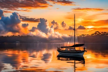 Fensteraufkleber Tascott awakening to a vibrant sunrise, clouds parting to reveal a burst of colors, and a boat sailing along Brisbane Water, its reflection perfectly captured in the stillness. © NOH