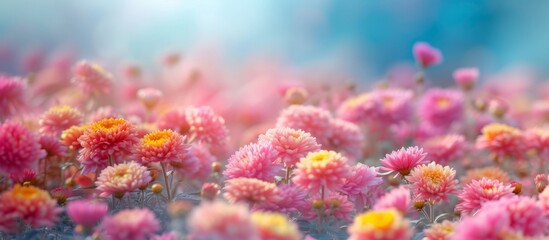 Tranquil Field of Beautiful Pink and Yellow Flowers in Bloom under Clear Blue Sky