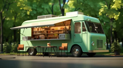 Foto op Plexiglas Food truck isolated on green background, takeaway food and drinks van mock up © Imtiaz