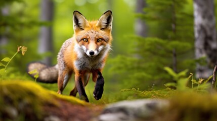 Beautiful red fox in the forest, outdoor wild nature background with copy space.