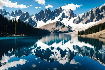 Serene mountain lake reflecting the surrounding peaks under a clear blue sky with fluffy white clouds.