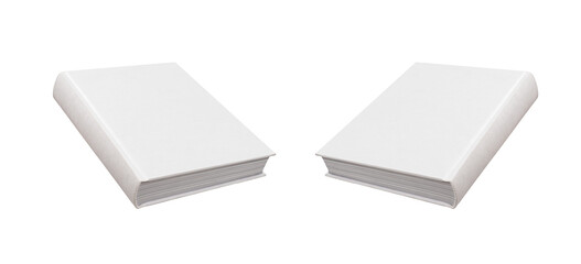 Blank book cover mockup, front and back design. Hardback mock up, angled view, isolated on white, transparent png