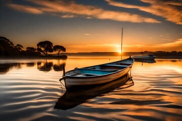 A tranquil morning at Tascott, clouds scattered across the sky as the sun rises, casting a warm light on the water, with a solitary boat creating ripples in the reflection.