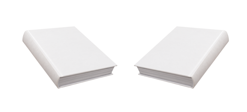 Blank book cover mockup, front and back design. Hardback mock up, angled view, isolated on white, transparent png