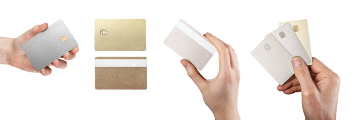 Hand holding bank debit plastic card mockup. Blank bankcard set, isolated on white