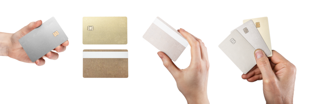 Hand holding bank debit plastic card mockup. Blank bankcard set, isolated on white