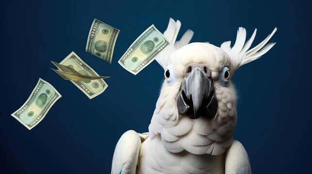 A white cockatoo parrot with a torn dollar bill on a blue background. The concept of losing money and bankruptcy