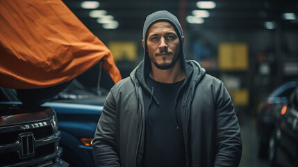 confident, skilled male auto mechanic operating in a Car Service garage during a rainy day, surrounded by the rhythmic sound of falling raindrops on the roof,