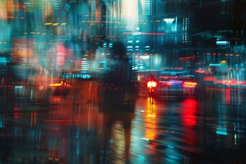 Blurred urban night scene with vibrant lights reflecting off wet streets, capturing the city's dynamic and bustling energy, Concept of urban life, energy, and nightlife

