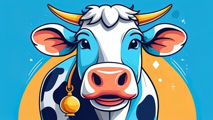 illustration, line cartoon cow. Hand drawn, Isolated. With "Fresh milk" lettering. Applicable for package, poster, label designs, banners, flyers etc. Illustration with cow head in flat design style
