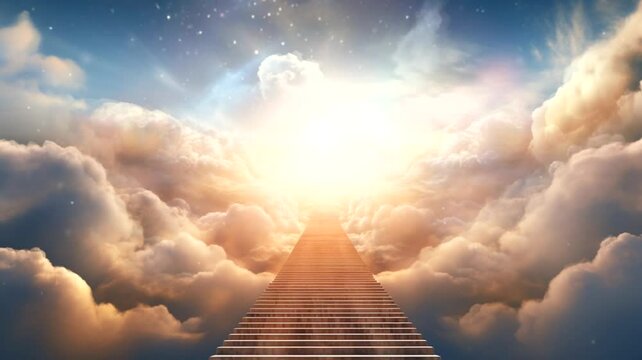 Scene of the stairs to heaven with a cloudy background, animated virtual repeating seamless 4k	