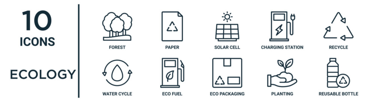 ecology outline icon set such as thin line forest, solar cell, recycle, eco fuel, planting, reusable bottle, water cycle icons for report, presentation, diagram, web design