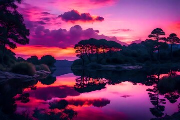An otherworldly sunset painting the sky with surreal hues of pink, purple, and orange, reflected in a calm and mirror-like lake.
