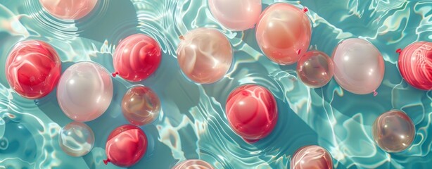 pastel colored ballons in a swimming pool. Birthday celebration concept. Generative AI - obrazy, fototapety, plakaty