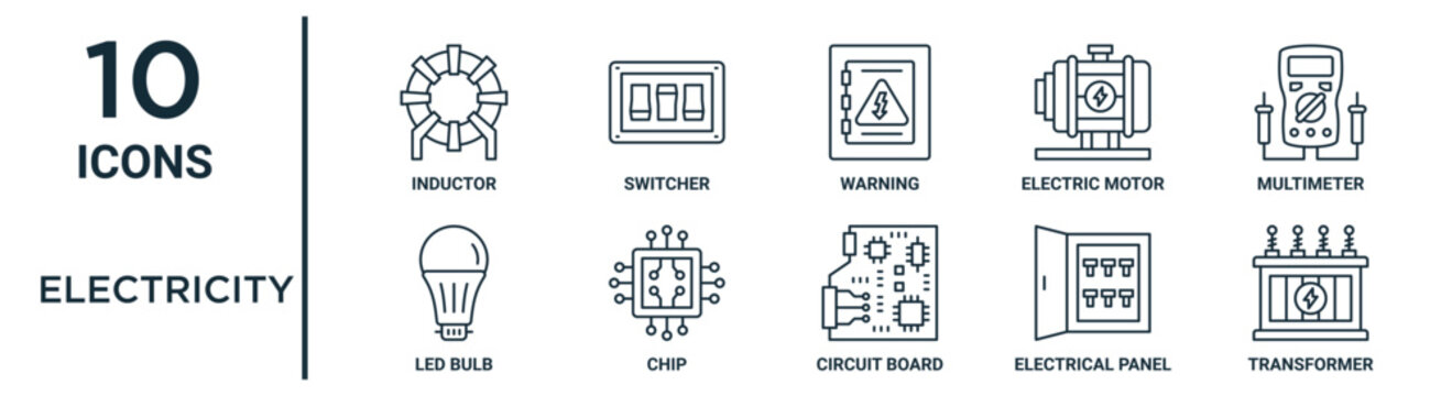 electricity outline icon set such as thin line inductor, warning, multimeter, chip, electrical panel, transformer, led bulb icons for report, presentation, diagram, web design