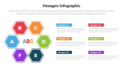 hexagon or hexagonal honeycombs shape infographics template diagram with cycle circular on left column with 6 point step creative design for slide presentation