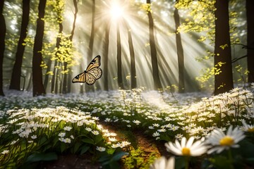 Sunlight breaking through a dense forest, illuminating a carpet of blooming white flowers, while a butterfly flits gracefully in the soft morning breeze.